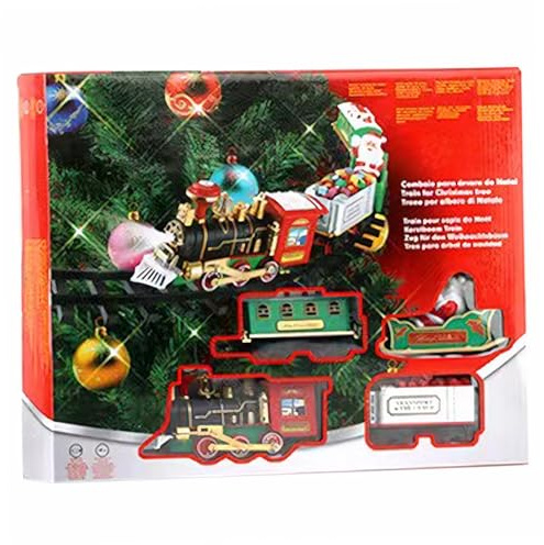 Set de Tren de árbol de Navidad con luz y Sonido, Tren de Navidad Colgante con Locomotora, vagón de carbón, carruaje, Trineo y vías, árbol Realista para