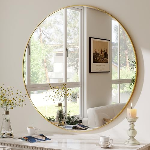 Koonmi runder Wandspiegel 40.8 cm, Aluminiumrahmen, Gold | Bad und Schminkspiegel zur Wandmontage für Badezimmer, Wohnzimmer, Schlafzimmer und Eingangsbereich
