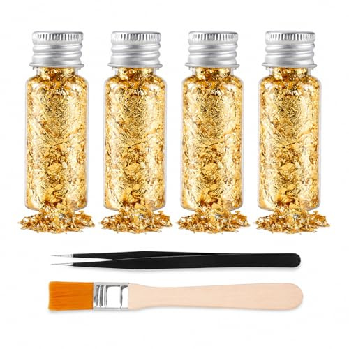 4 Flaschen Blattgoldblätter,Blattgold Zum Basteln,Dekorative Goldflocken | Blattgold Flocken Mit Pinzette Pinsel,Goldflocken Nicht Essbar,Für Dekorfolienpapier Projekte, Kunsthandwerk,DIY,Basteln,S