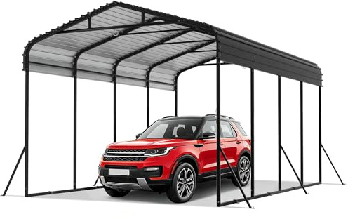 TATIVALO Carport Metall 600x370x260 cm – Robuster Stahl Carport mit pulverbeschichteter Konstruktion, wetterfestes Stahlblech Dach, korrosionsbeständig, Auto- und Motorrad Unterstand, Schwarz