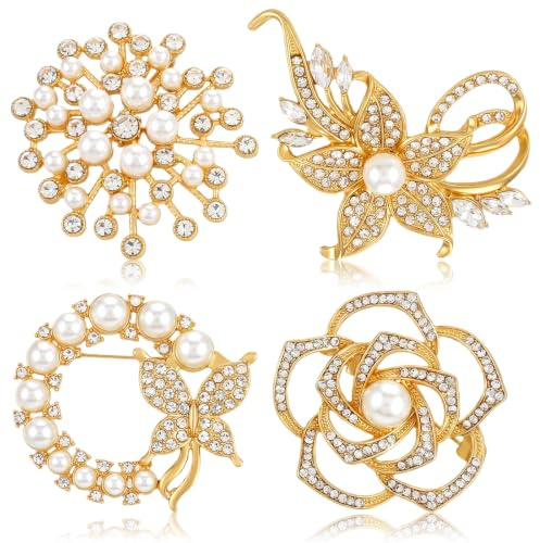 Matwsec 4PCS Pearl Brooch Crystal Gold Brooches and Pins for Women