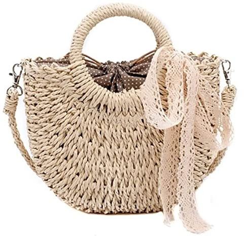 Stråväska Kvinnor Halmvävd Crossbody-väska Handvävd Handväska Rottingväska Dragsko Casual Travel Beach Axelväska För Kvinnor(Beige)