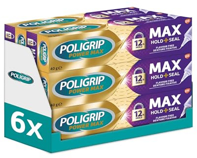 Poligrip Denture Adhesive, Max Seal Fixative Cream to Secure Dentures, False Teeth & Partials, 40g, Pack of 6