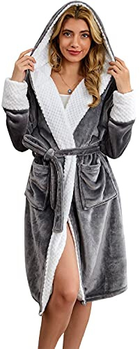 CMTOP Bata Mujer Albornoz de microfibra Kimono Otoño Invierno Ropa Mujer Bata de Casa con Capucha, 2 Bolsillos, Cinturón(Gris,Talla única)