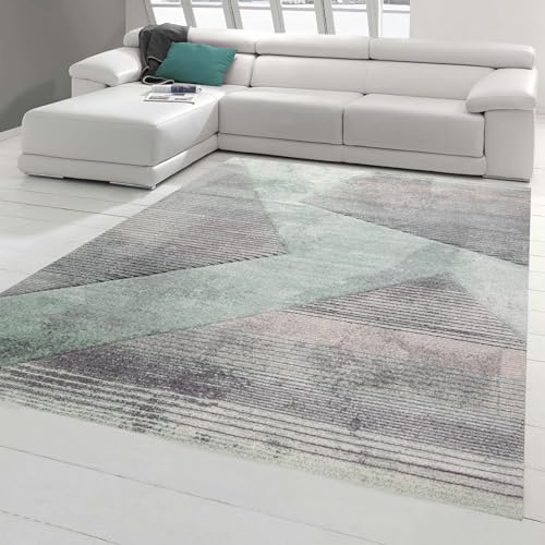 Teppich-Traum moderner Wohnzimmerteppich abstraktes Muster gestreift schwarz grau grün rosa - pflegeleicht Größe 140x200 cm