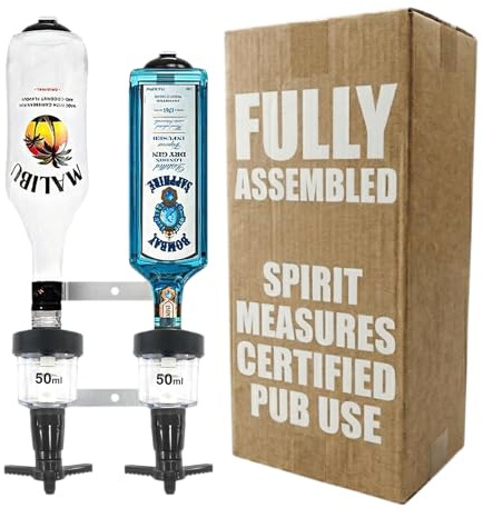 Chabrias Ltd Black 2 Bottle Wall Bar Rail + 50ml Spirit Optic Measure - UK Made, Fully Assembled Metal Bracket & Pub Trade Compliant, Traditional Black, Fits 70cl–1.5L Bottles