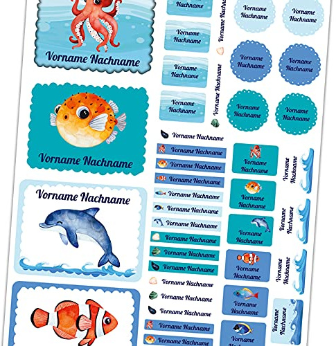 50 x Namensaufkleber mit Wunschname personalisiert Aufkleber Set mit Kinder Name Beschriftung Schule Kindergarten Kleidung Sticker wasserfest (10 Meerestiere)