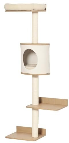 PawHut Árbol para Gatos de Pared 38x30x149 cm Torre Cama Cueva Beige Roble | Múltiples Plataformas de Madera, Cama Superior, Cojín Extraíble, Postes Rascadores de Sisal, Torre para Escalar