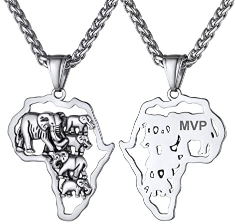 Bandmax personalisiert Afrika Halskette Edelstahl Elefanten Anhänger mit Weizenkette 55+5cm Vintage Afrikanische Landkarte Modeschmuck für Vater Ehemann Freund