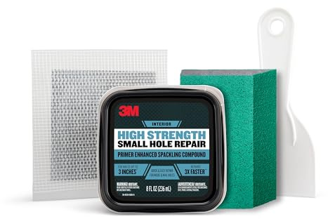 3M High Strength Small Hole Repair Kit, Inlcudes Spackling Compound, Putty Knife, Sanding Sponge, and Self-Adhesive Patch, For Hole Repairs Up To 3 in Diameter, Easy Wall Repair (SHR-SIOCKIT)