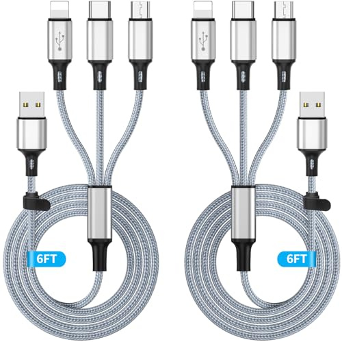 Multi Charging Cable 2Pack 6FT 3 in 1 Multi USB Charger Cable Nylon Braided Multiple USB Fast Charging Cord Adapter Data Sync Lightning and Type C Micro USB Port Connectors For All Cell Phones Tablets