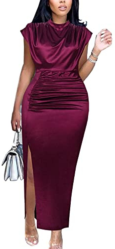 AOMEI Women's Sleeveless Pleated High Waist Ruched Slit Slim Elegant Long Satin Dress (Wine,1XL)