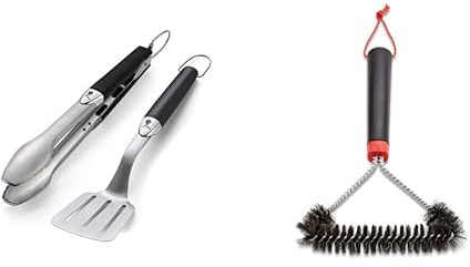 Weber 6645, Black Premium Tool Set, Compact Size, 2 pcs, Stainless Steel, 46.0 cm*46.0 cm*5.0 cm & 6277 30 cm Three-Sided Grill Brush, Black/Silver