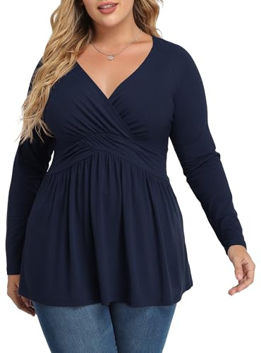 TIANZHU Plus Size Tops for Women Wrap V Neck Babydoll Shirt Long Sleeve Tunic Top Dressy Loose Blouse Mujer Blusas Button Flannel Outfit Halloween Fashion Womans Plaid Club Top, Navy Blue, XL