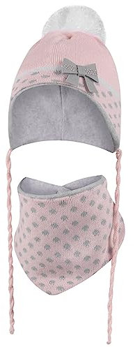 Smarilla Babymütze Wintermütze Mütze und Schal Winterset Mädchen Grösse 44-46, Größe: 44-46, Farbe: Hellrosa-Grau