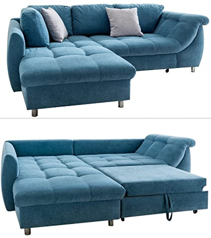 Modernes Ecksofa mit Schlaffunktion B250/T190/H84 cm, Wellenunterfederung mit Komfortschaum, L-Couch, Longchair Ottomane links, Bezug Mikrofaser Blau, 2 Zierkissen Grau / 17108