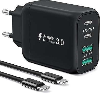 Caricatore USB C, 40W 4 Port QC+PD3.0 Caricabatterie con 2M Cavo Caricatore Rapido per Samsung Galaxy S23 S22 S21 FE A13 A33/iPad Pro/iPhone 15 Series, Alimentazione a Porte Multiple USB Presa tipo C