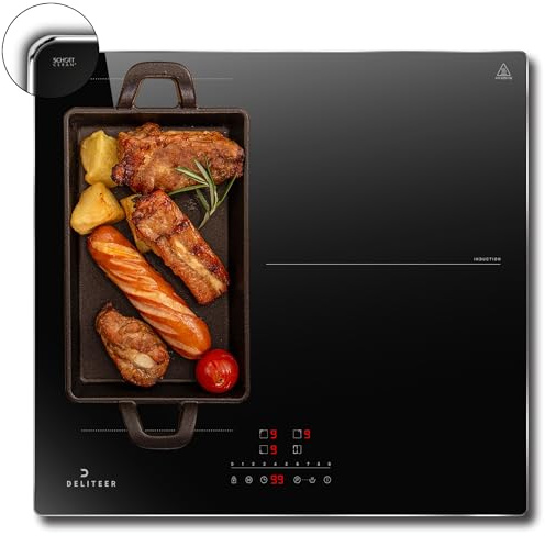 DELITEER, Induktionshäll, 3 Plattor, Installation Induktionshäll med Ram, Tillagningsutrymme för Grillen, Barnsäkring, Hällar 6 800 W, Timer
