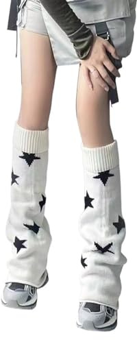 YANROSE Schwarz Und Weiß Beinwärmer Y2K Stern Beinlinge Harajuku Kawaii Beinwärmer Japanische Beinwärmer Socken Goth Lolita Knit Lange Socken Streetwear, weiß, One size