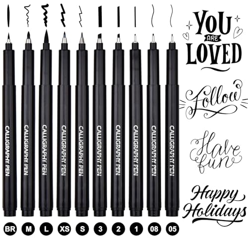 DealKits 10 Größe Kalligraphie Stifte Schnelltrocknende Calligraphie Stifte Pinselstifte Schwarz Fineliner Handlettering Stifte für Schriftzug Anfänger Bullet Journal Tagebuch Unterschrift Zeichnung