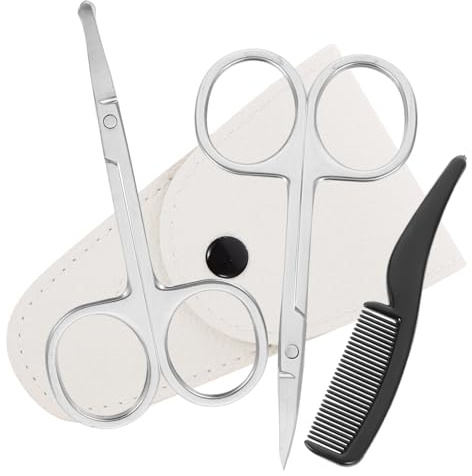 FRCOLOR 4pezzi Forbici Barba in Acciaio Con Custodia in Pelle Bianca e Pettine Piccolo Forbici Per Rifinitura Precisa Di Baffi Naso e Orecchie Kit Professionale Per Uomini e Parrucchieri