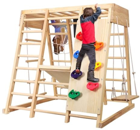 Diegimr 8-in-1 Klettergerüst für Kinder, Kleinkinder Netz und Kletterspielzeug mit Rutsche Schaukel Horizontalen Stangen Strickleiter Zeichenbrett Indoor-Spielplatz Holz Montessori-Kletterer-Spielset