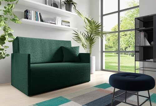 LIKMA Flaschengrün Kord 2 Sitzer Sofa mit Schlaffunktion Olita 117 cm Schlafcouch mit Kissen - Easy Clean Moderne Wohnzimmer Couch - Sofa mit Bettfunktion - Schlafsofa Stoff: Anafi 9