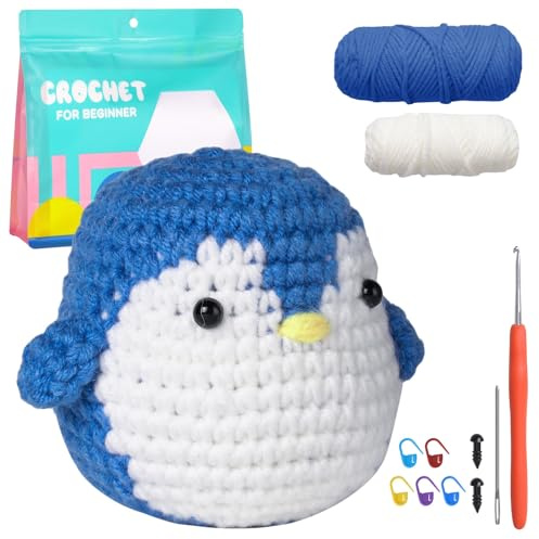 MJARTORIA Strickset Häkelset für Anfänger Tiere, Häckeln Stricken für Anfänger Set mit Anleitung Häkelnadeln Garn, Kreativ Strickset Bastelset Erwachsene Kinder Geschenk (Blau Pinguin)