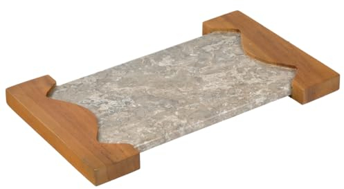 Meubletmoi Planche à découper 38 cm Plateau de présentation en marbre Gris et poignées en Bois de Teck – raffinée et résistante – Zephyr
