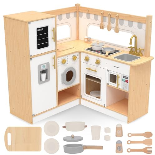 Mamabrum Cocina Juguete de Madera para Niños 3+ - Cocinita Infantil Esquina XXXL (84x84x85cm) - Set Interactivo con Nevera, Microondas, Horno y Accesorios - Cocinita Madera Infantil