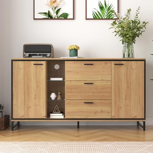 MSMOK Aparador de tres cajones con dos puertas. Exquisito grano. Aparador moderno en color madera con estantes de almacenamiento – elegante y funcional mobiliario para el hogar. Color madera y negro.