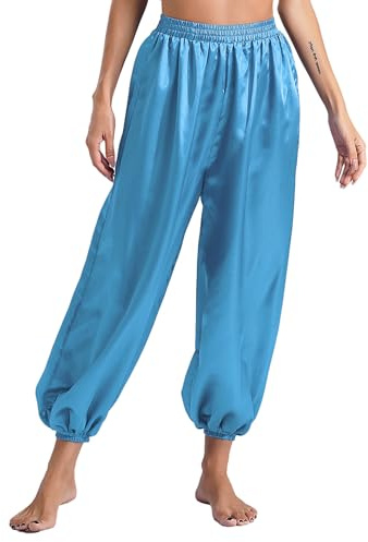 Nyeemya Pantalones Bombachos de Danza del Vientre Mujer Pantalones Anchos de Elástico Cintura Disfraz de Danza Carnaval Halloween Fiesta S-XXL Cielo Azul S