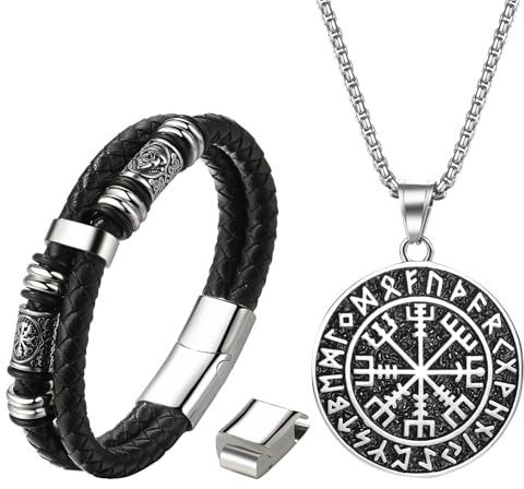 OIDEA Herren Halskette Wikinger Set: Silber Schwarz Viking Schmuck Lederarmband Verstellbare Armband Armreif mit Wikinger Runen Hammer Anhänger Kette Ohrringe Creolen Edelstahl Geschenk für Männer
