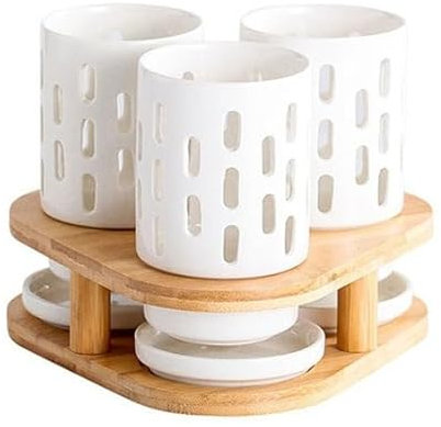 Porta Mestoli da Cucina 3 Pezzi Portautensili in Ceramica con Base in Bambù, Portaposate Triangolare Creativo da Cucina for Piano di Lavoro, Portaposate Organizzatore di Scarico Portautensili da cucin