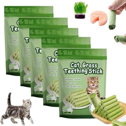Berdexa Katze Gras Zahnen Stick, Katze Zähne Reinigen Katze Gras Stick, Kauen Sticks für Katzen für mehr Appetit und Hairball Entfernung, Katze Zahnen Spielzeug, für Indoor-Katzen (5Bag)
