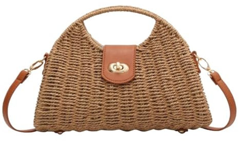AMULONG Sommer Strandtasche Damen Sommer-Strohtasche für Damen, handgewebte Handtasche mit Top-Griff, Umhängetasche Stroh Handtasche Geflochten(B)