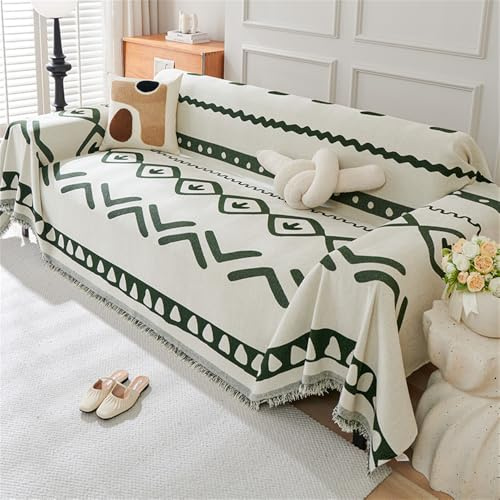 Highdi Jeté de Canapé Style Bohème Tissu Chenille Housse de Canapé avec Frange, Grand Couvre Lit Plaid Couverture de Canapé Réversible Protège Canapé Décorative Universelle (Vert Foncé,180x130cm)