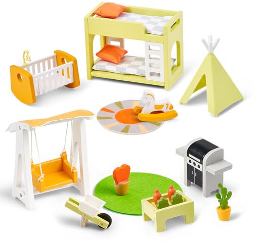 Giant bean Puppenhaus Möbel Set, Holz und Kunststoff Terrassen und Babyzimmer Set, 21 Teiliges Puppenhaus Zubehör Pretend Play Möbel Spielzeug für Jungen, Mädchen und Kleinkinder Wooden