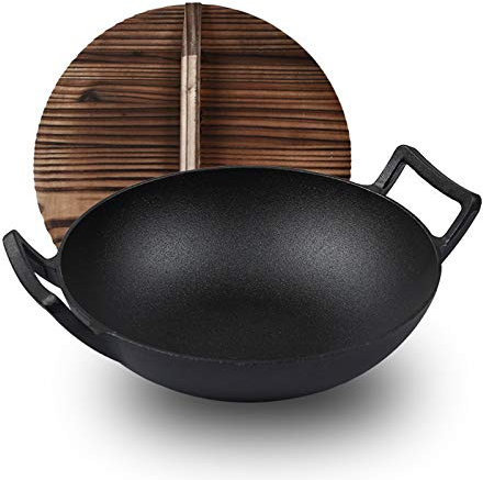 14 Inch Cast Iron Wok for Stir Frys and Sautees Non Stick Kitchen Deep Fryer for Cookware Oven/Broiler/Grill Safe Large Size Heavy Duty Pan for Cooking Stir Fry Sautéing and Deep Frying 32cm
