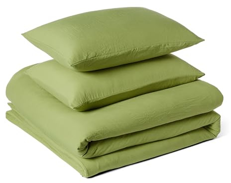 Amazon Basics Juego de Funda Nórdica Cama 150/160 de Microfibra Prelavada, Extra Suave con Efecto Arrugado Natural, Funda de edredón 240 x 220 cm y 2 Fundas de Almohada 50 x 80 cm, Verde