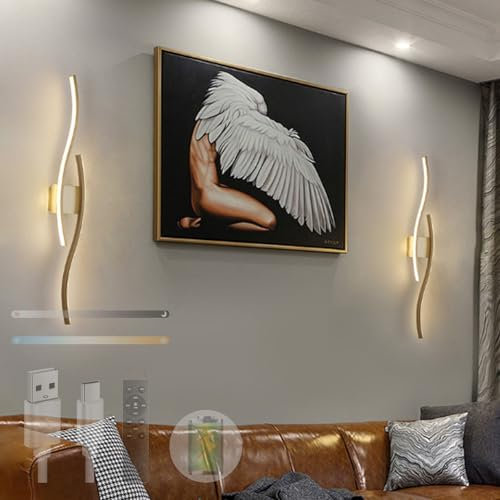 TZSMUM LED Innen Wandleuchte mit Fernbedienung Wandlampe 2700K-6500K Dimmbar Zeitschaltuhr Wandbeleuchtung USB Aufladbare Wandleuchte Wohnzimmer Schlafzimmer Treppenhaus (Gold,2 Stück)