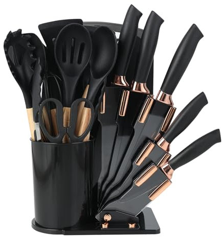 Flearitzo Juego de 19 utensilios de cocina de silicona con 12 utensilios de cocina, 5 cuchillos, tabla de cortar y soporte, apto para lavavajillas (negro)