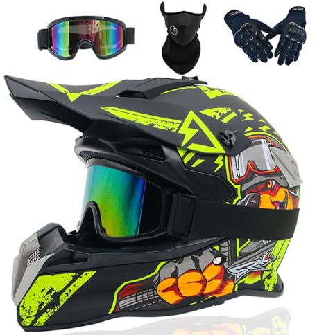 PAESCOY Motocross Helm Kinder Erwachsene Dirt Bike Offroad Cross Helms Herren ATV Motocross Helm Jugend Motorradhelm MX Enduro Full Face MTB Helm Mit Brille Maske Handschuhe Downhill Helm,Color/J-XL
