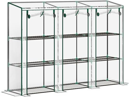 Outsunny Serre de jardin PE avec étagères 3 niveaux, serre de balcon, bâche renforcée 140 g/m², châssis en acier, 2 portes zippées enroulables pour légumes plantes fleurs 215 x 46 x 151 cm transparent