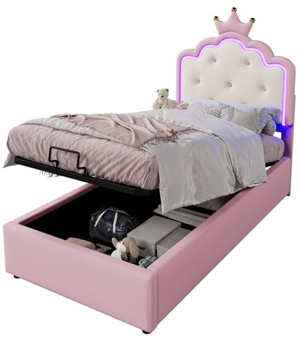 Azkoeesy Mädchenbett 90x200 cm, Polsterbett mit Stauraum bettkasten und Lattenrost, LED-Beleuchtung, Prinzessinnenbett mit Krone, Einzelbett, Jugendbett, Stauraumbett, PU-Bezug, Rosa