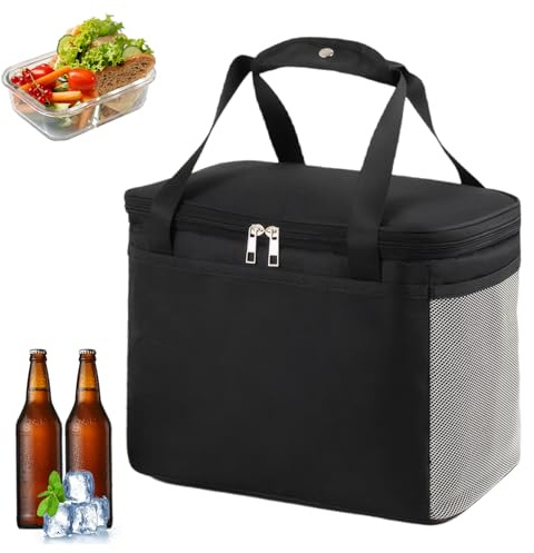 16L Kühltasche Klappbare Schwarz Thermo Tasche,Kühlbox Tragbare Eistasche Faltbar,25 * 15 * 18cm Thermotasche,Picknicktasche,Leicht zu Reinigen,Geeignet für Büro,Camping,Reisen,Picknick