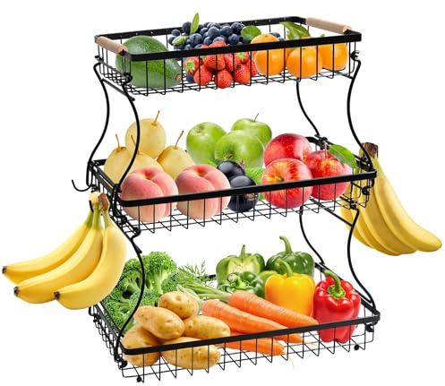 gmisun Obstkorb, Etagere 3 Etagen mit 2 Bananenhalter, Metall Obstschale schwarz, Modern Obst Aufbewahrung für Küche, große Kapazität Obstregal 3 Stöckig für Gemüse, Obst, Snacks, Gemüsekorb