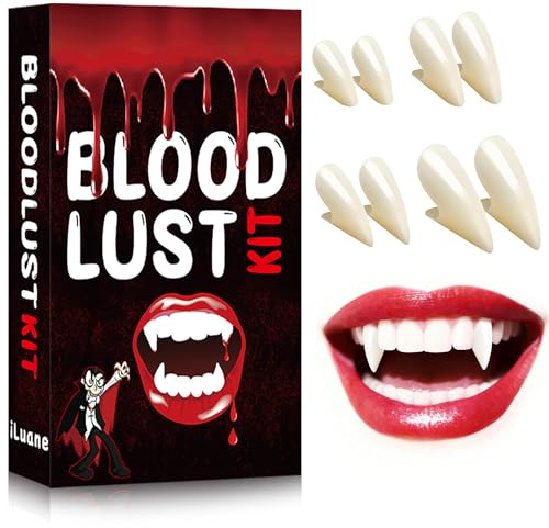 Vampirzähne Halloween Set für Erwachsene, 4 Paar Vampir Gebiss mit 30 Narben Tattoos und Weißer Zahnschutz – Realistische Fangzähne Cosplay Zubehör für Karneval, Horror & Halloween Schminke