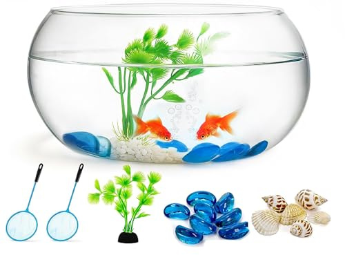 Jucoan 0.9 Gallon Glass Fish Bowl with Decor, Clear Round Shallow Glass Bowl for Betta Fish and Aquatic Plants, Includes Aquarium Decor Stones, Tree and Fish Nets for Holiday Wedding Centerpiece