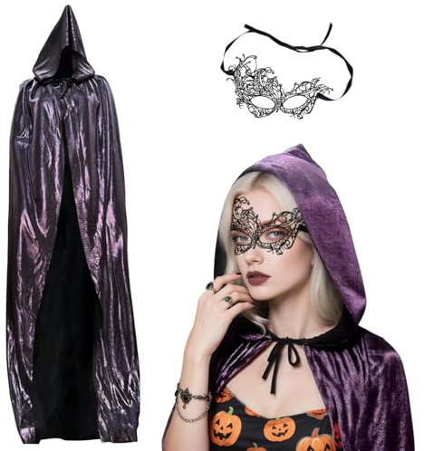 Beafaeur Deguisement Halloween Adulte, Cape Sorciere Violette Femme avec Masque en Dentelle, 160 cm Cape à Capuchon Longue Costume Vampire pour Carnaval Cosplay